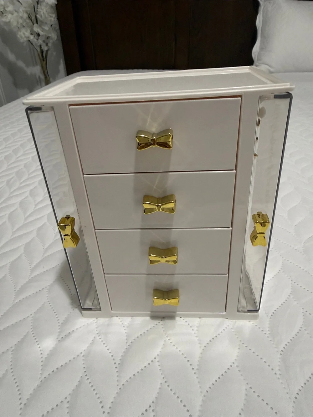 White and Gold Jewelry Organizer with Bow Drawer Pulls